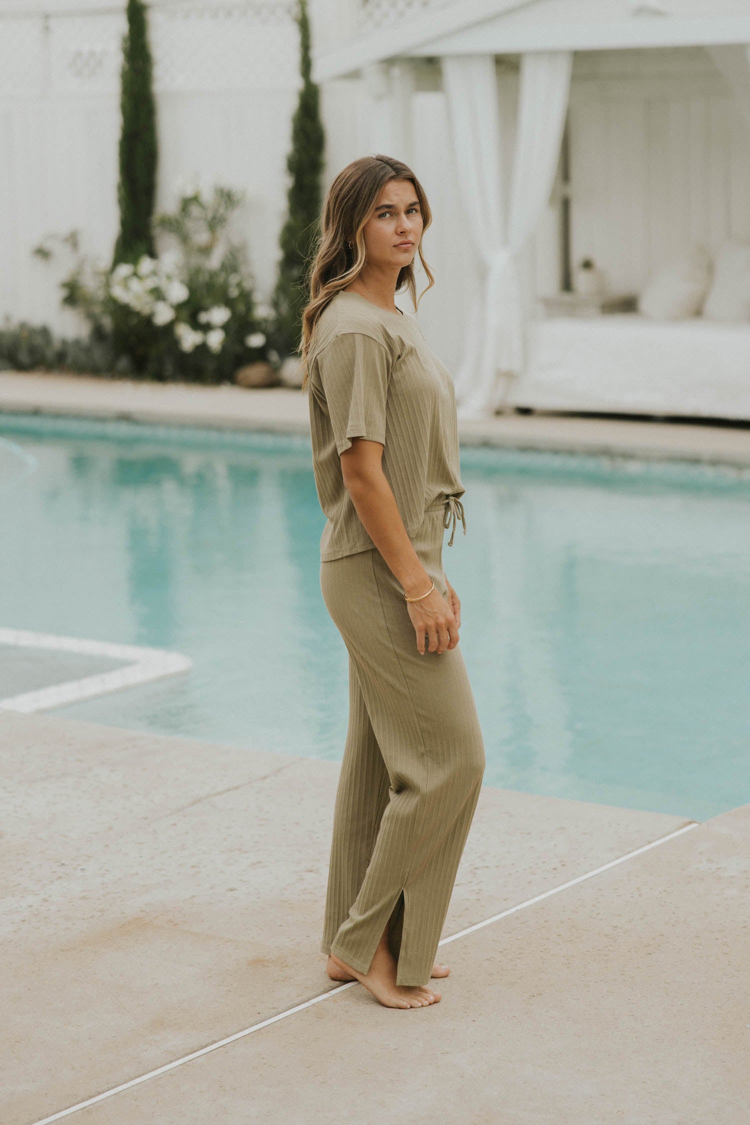 Sage green casual matching loungewear set for women.