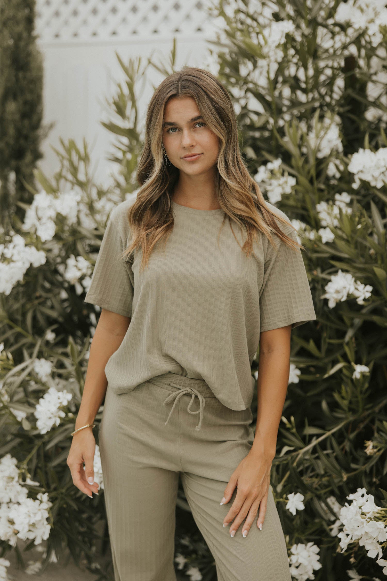 Green casual matching loungewear set for women.