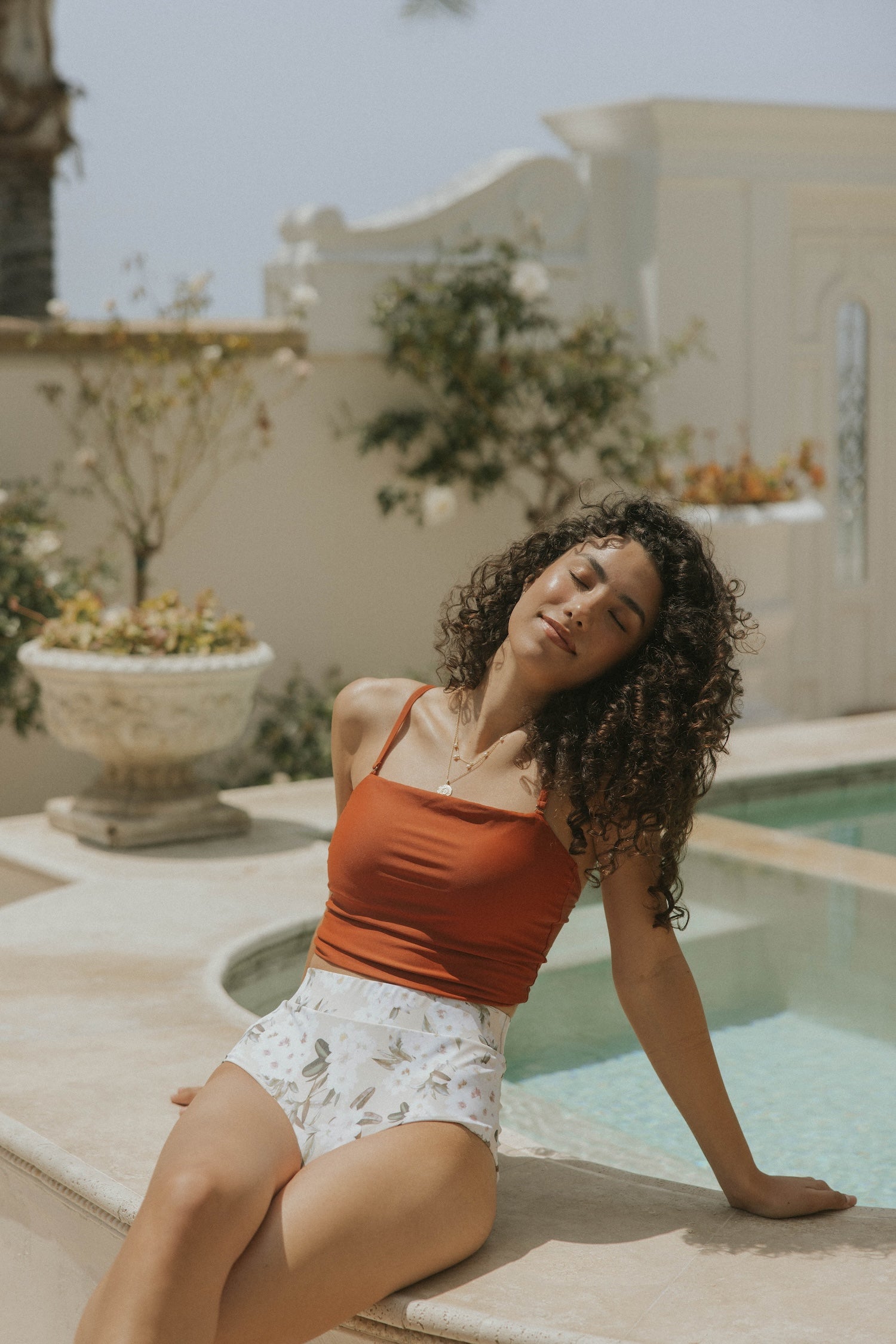 Full Coverage Rust Orange Bikini Top with High Waisted Neutral Bikini Bottoms