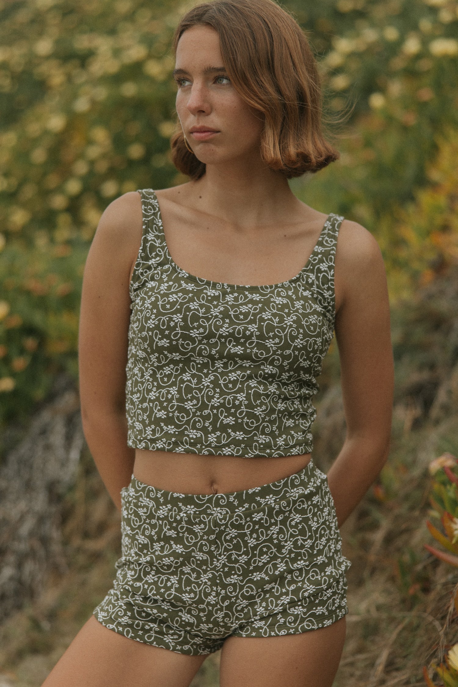 Cute Modest Floral Olive Green Tankini with Boy Shorts