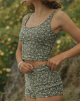 Cute Textured Swirly Floral Dark Olive Green Modest Tankini Boy Shorts