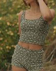 Floral Modest Olive Green Tankini with Boy Shorts