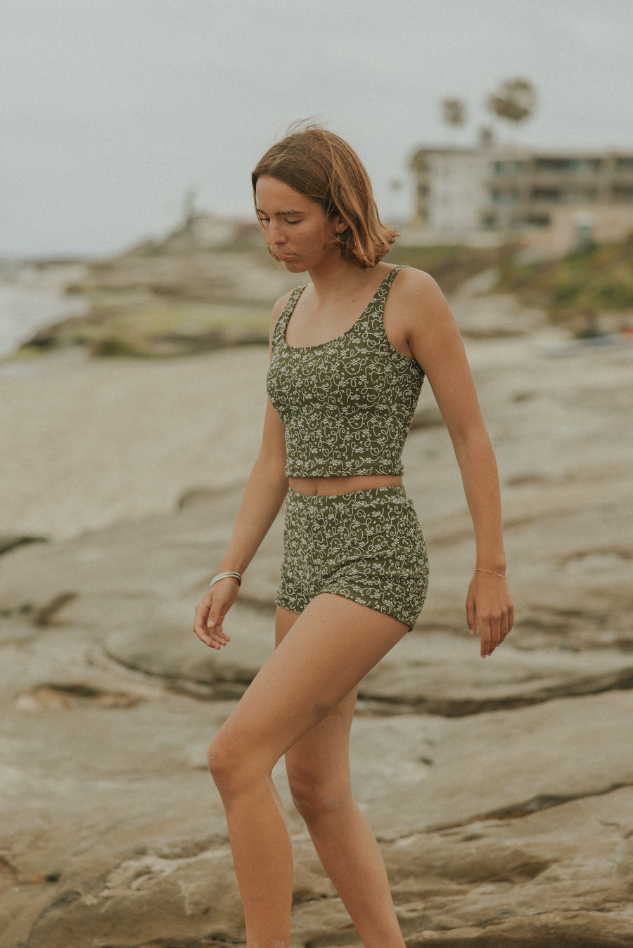 Textured Floral Green Tankini with Boy Shorts