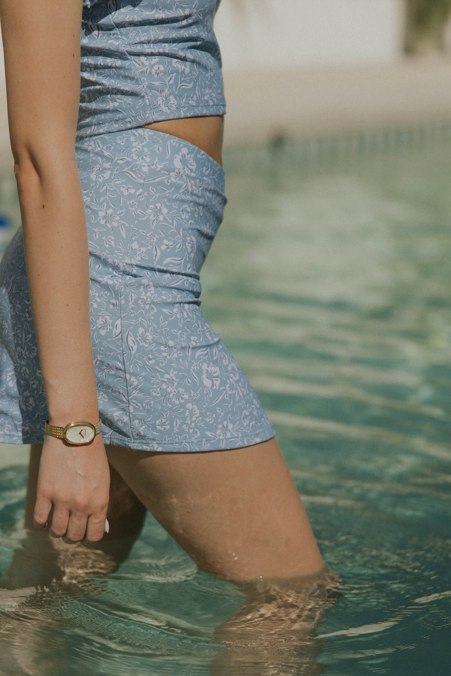 Cute Full Coverage White and Blue Floral Swim Skirt