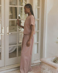 Wide leg sweat pants with drawstring waistband for women.
