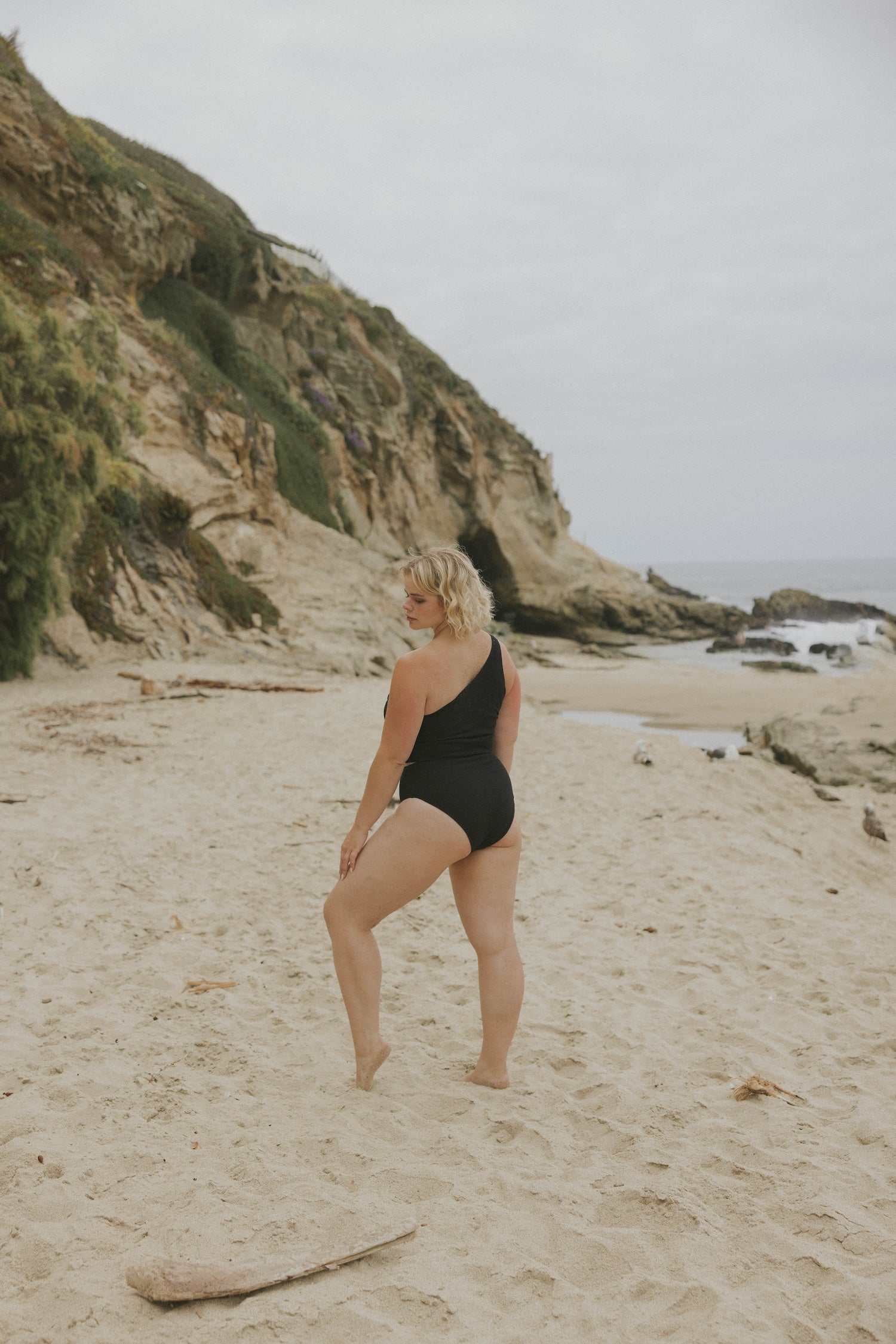 Full Coverage Modest Minimalist Black One Shoulder Bikini