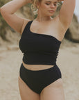 Modest Full Coverage One Strapped Textured Black Bikini Top