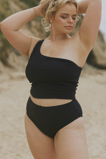 Modest Full Coverage One Strapped Textured Black Bikini Top