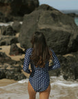 Full Coverage Cute Floral Blue and White Long Sleeve Bikini and High Waisted Swim Bottoms for Surfing