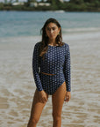 Cute Full Coverage Nautical Floral Blue and White Long Sleeve Swimsuit for Women