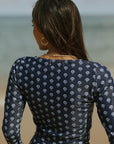 Earthy Blue and White Long Sleeve Swim Top