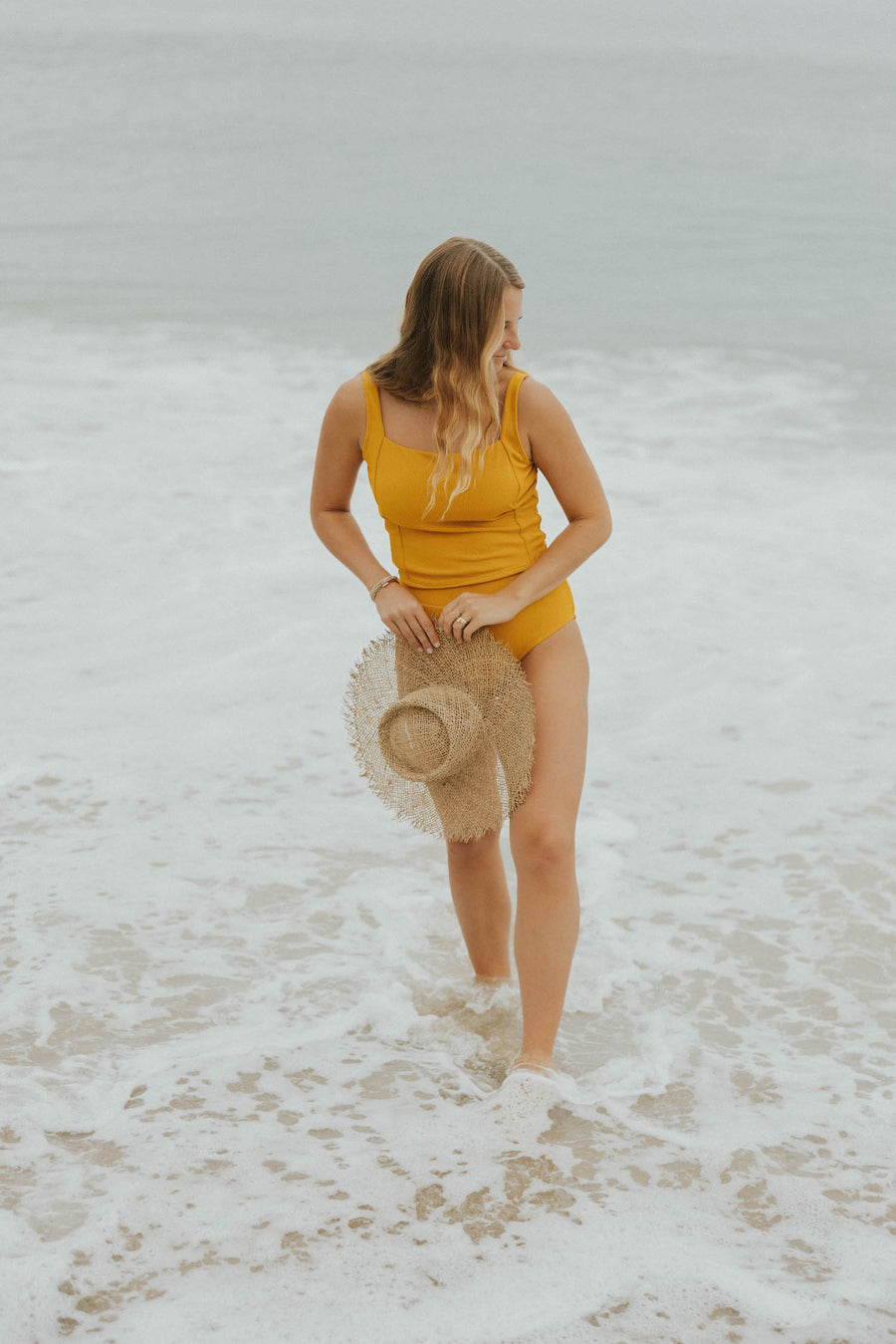 yellow textured modest active swimsuit top