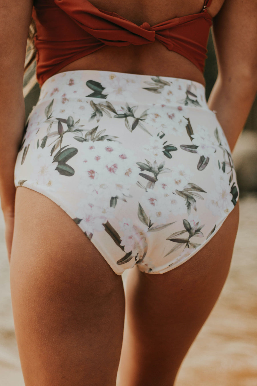 Neutral Floral High Waisted Full Coverage Bikini Bottoms