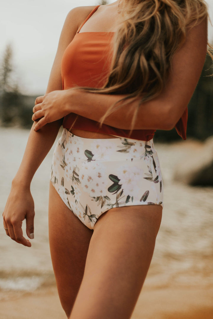 White Floral Neutral Full Coverage High Waisted Swim Bottoms