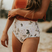 White Floral Neutral Full Coverage High Waisted Swim Bottoms