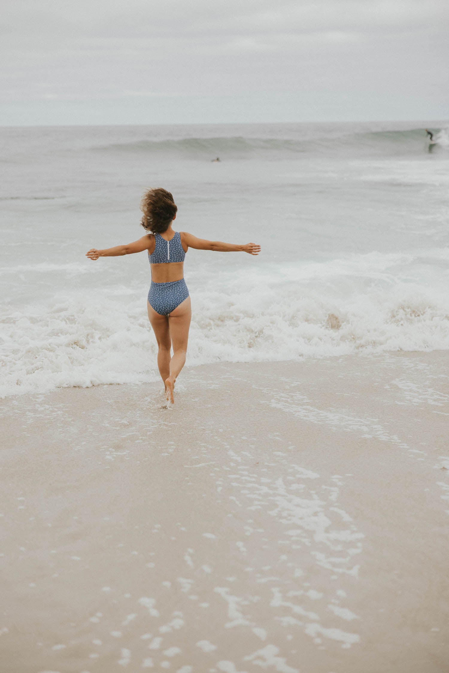 Modest blue floral one piece swimsuit.