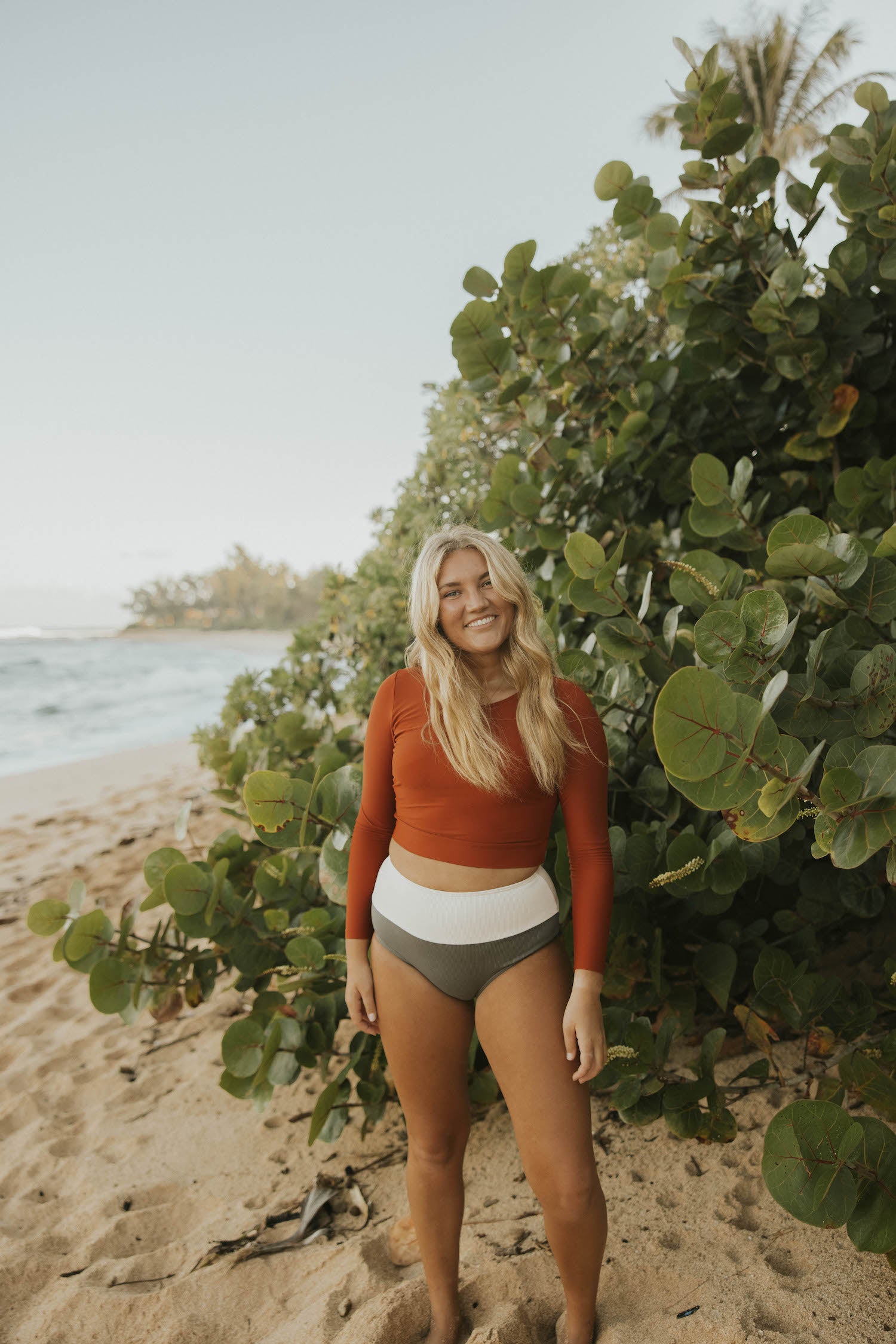 Cute modest active rust long sleeve tankini top.