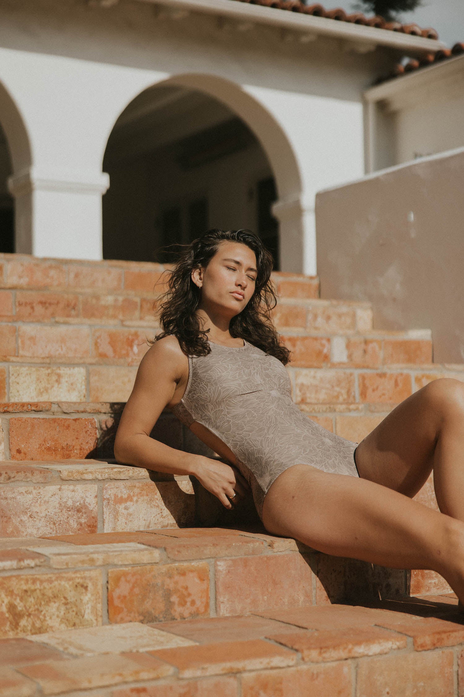 Vintage floral one piece swimsuit for women's neutral brown suit