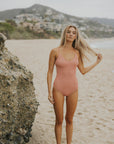 cute modest crinkle textured pink one piece swimsuit for surfing