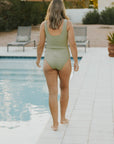 smocked sage green swimsuit modest womens swimwear shirred maternity friendly one piece