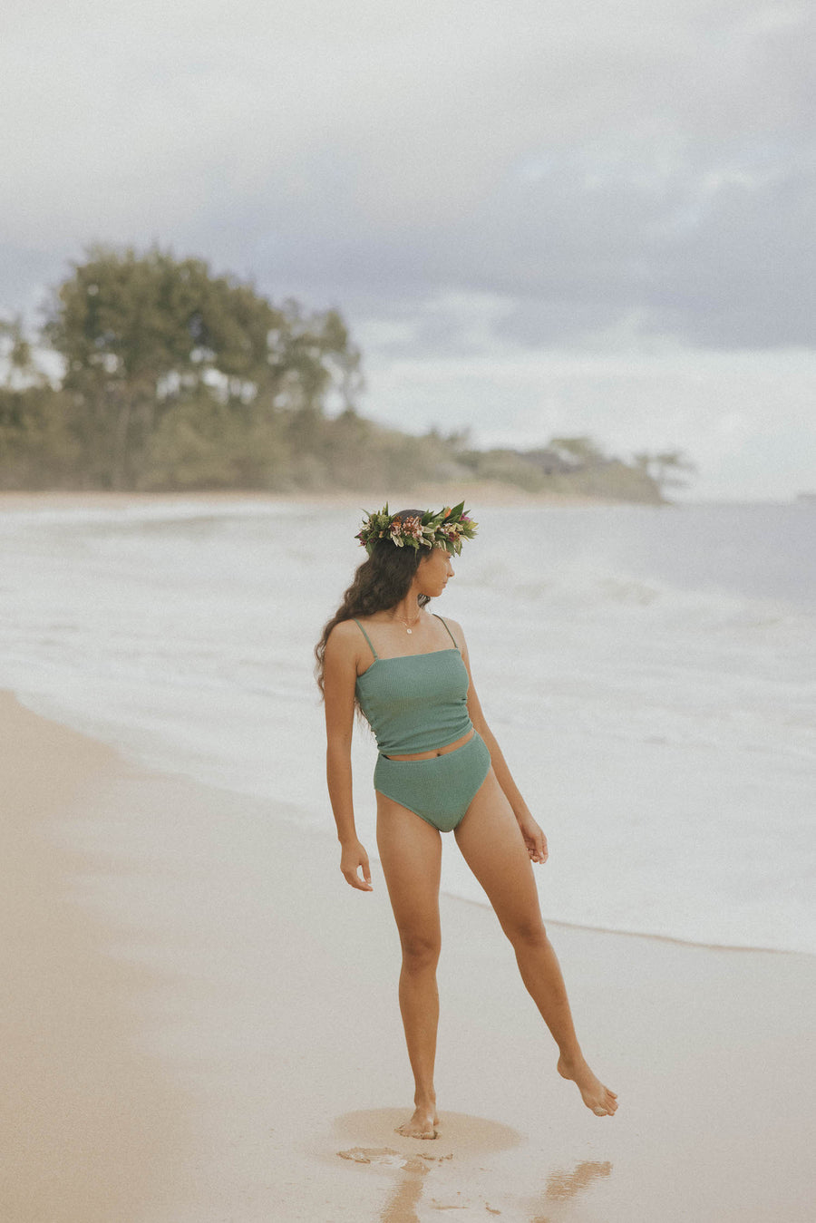 Striped Bikini with Green Tight Bottom - High Waist – Mocca Beach Store