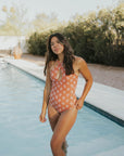 rust orange floral modest womens swimwear keyhole one piece swimsuit