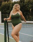 Sporty active one piece swimsuit forest green white trim