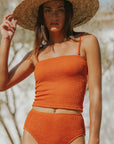 Dark orange swimsuit textured women's high-waisted bikini bottoms