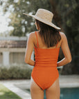 textured modest orange bikini set strapless swimsuit