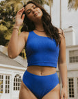 Women's blue swimsuit cobalt high waisted bikini bottoms modest