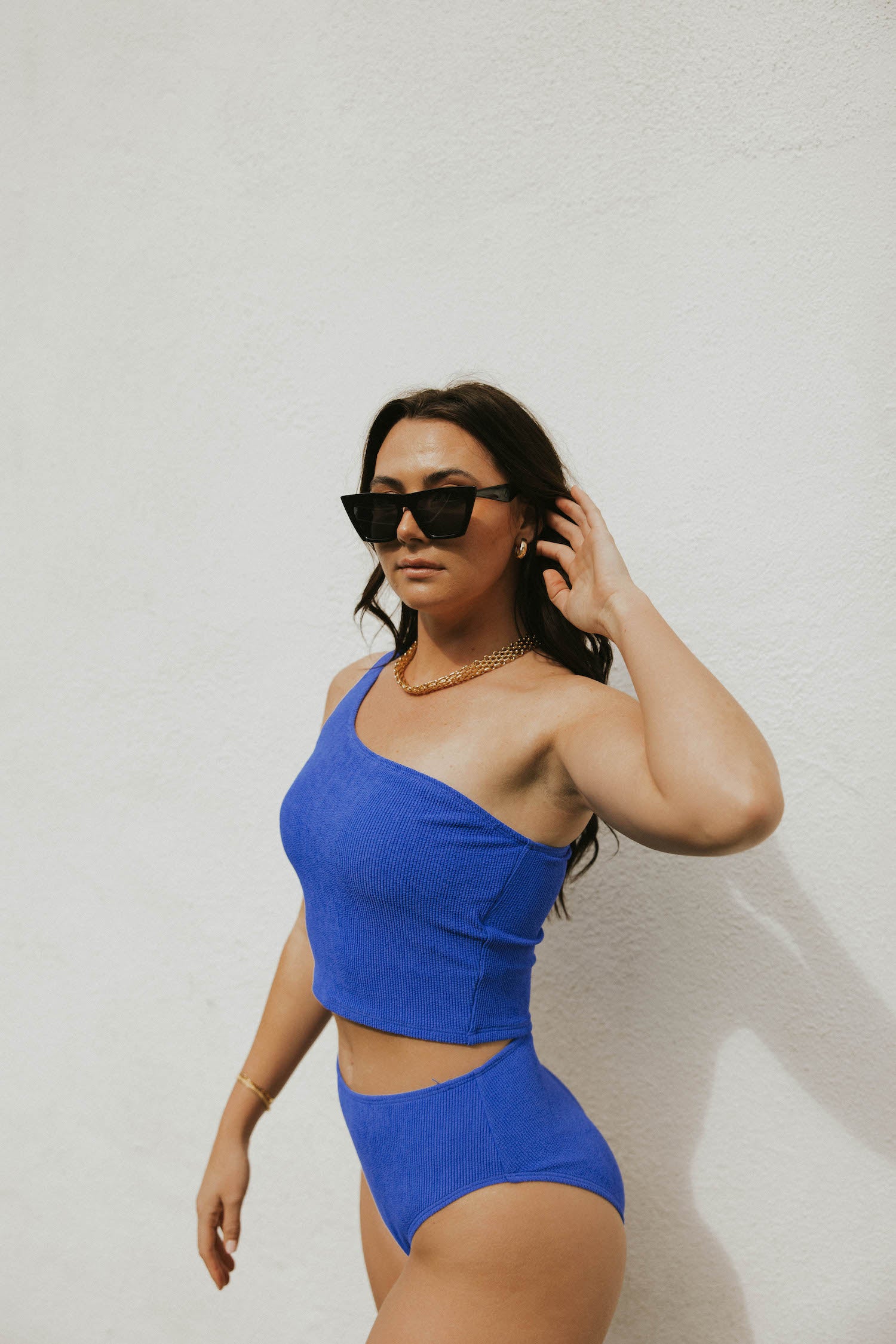 One shoulder swimsuit top cobalt blue modest two piece women's swimsuit