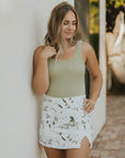 womens high waisted swim skirt patterned floral white swim skirt paired with one piece