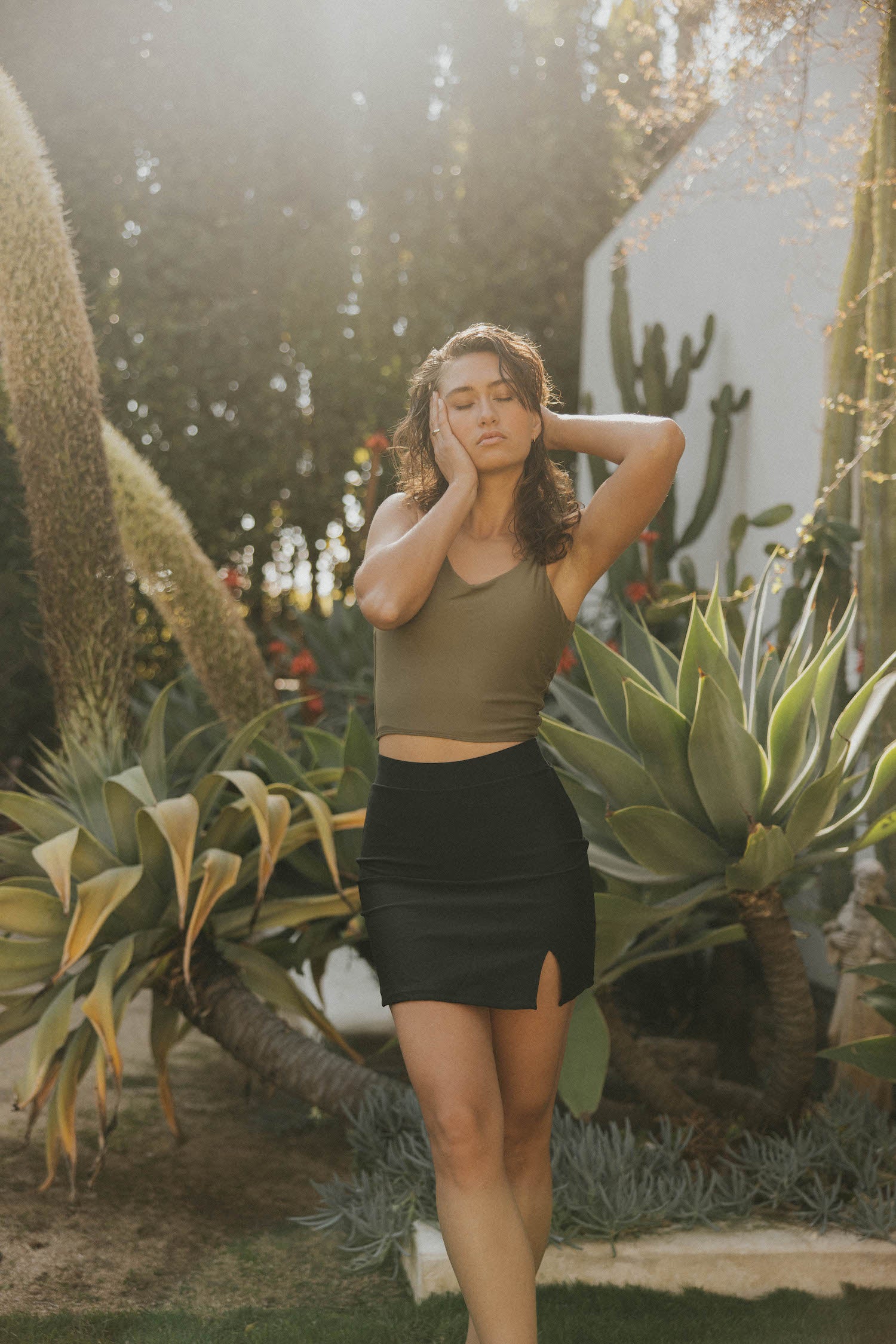 Black modest high waisted notched swim skirt