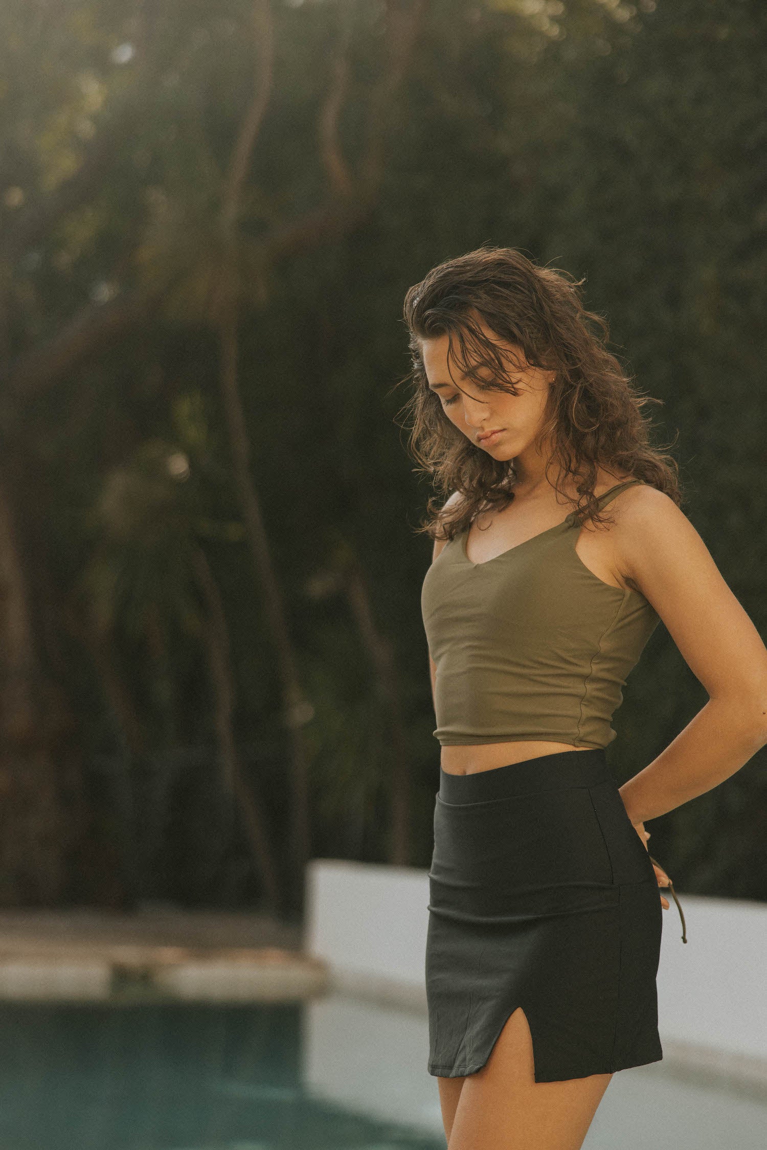 Black modest high waisted notched swim skirt