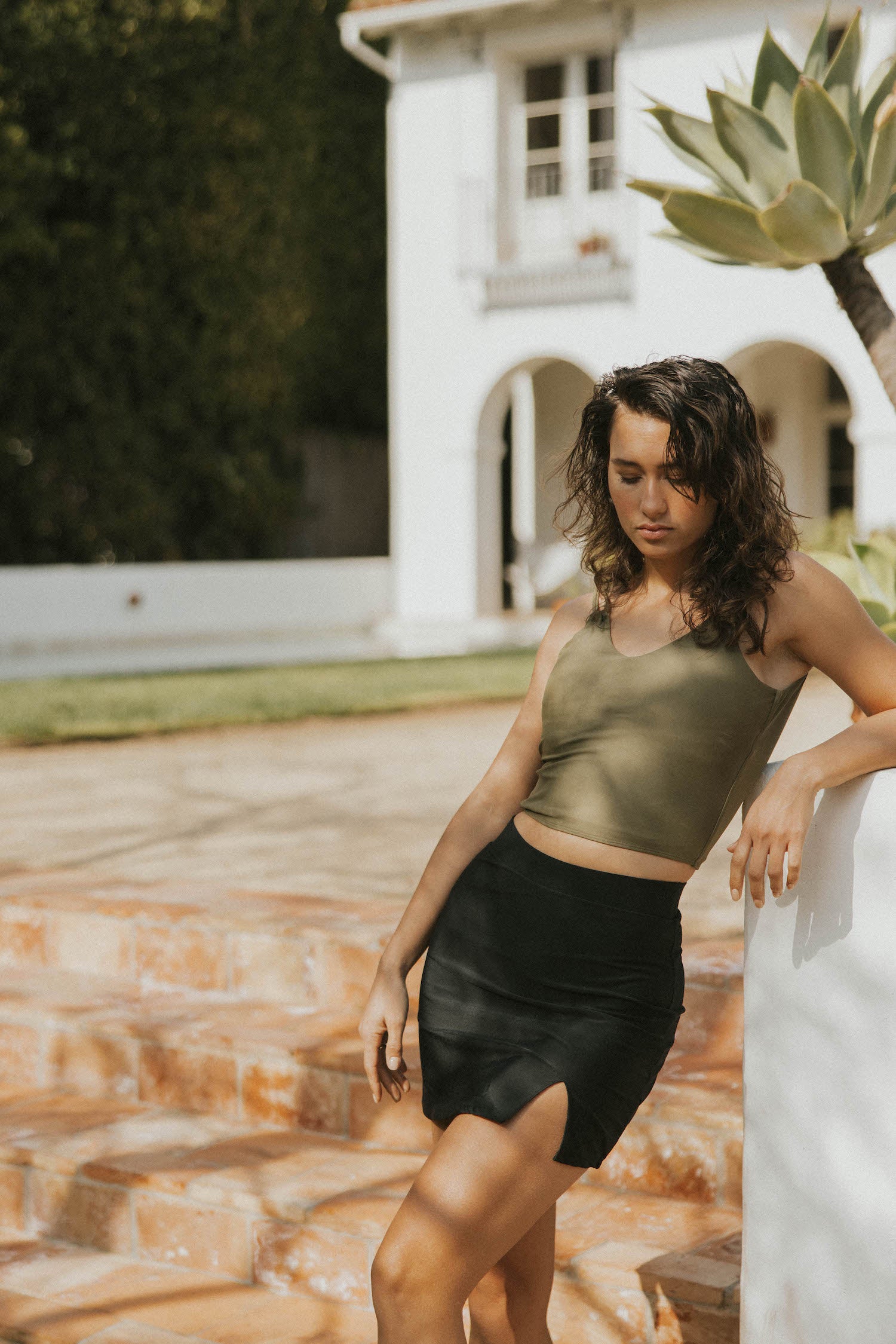 Black modest high waisted notched swim skirt