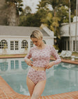Full coverage long sleeve tankini cropped top pink floral