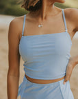 Cute modest light blue tankini top with tie back. 