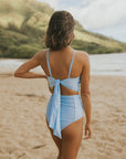 Two toned light blue modest high waisted bikini bottoms. 