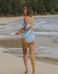 Two toned light blue modest high waisted bikini bottoms. 