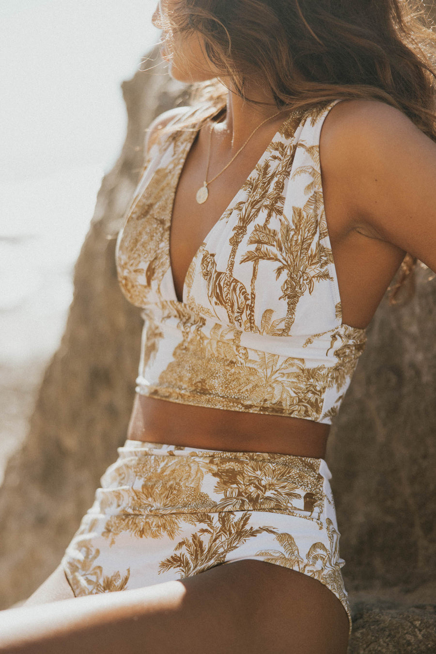 White & Gold Sequin Plunge Bikini Top